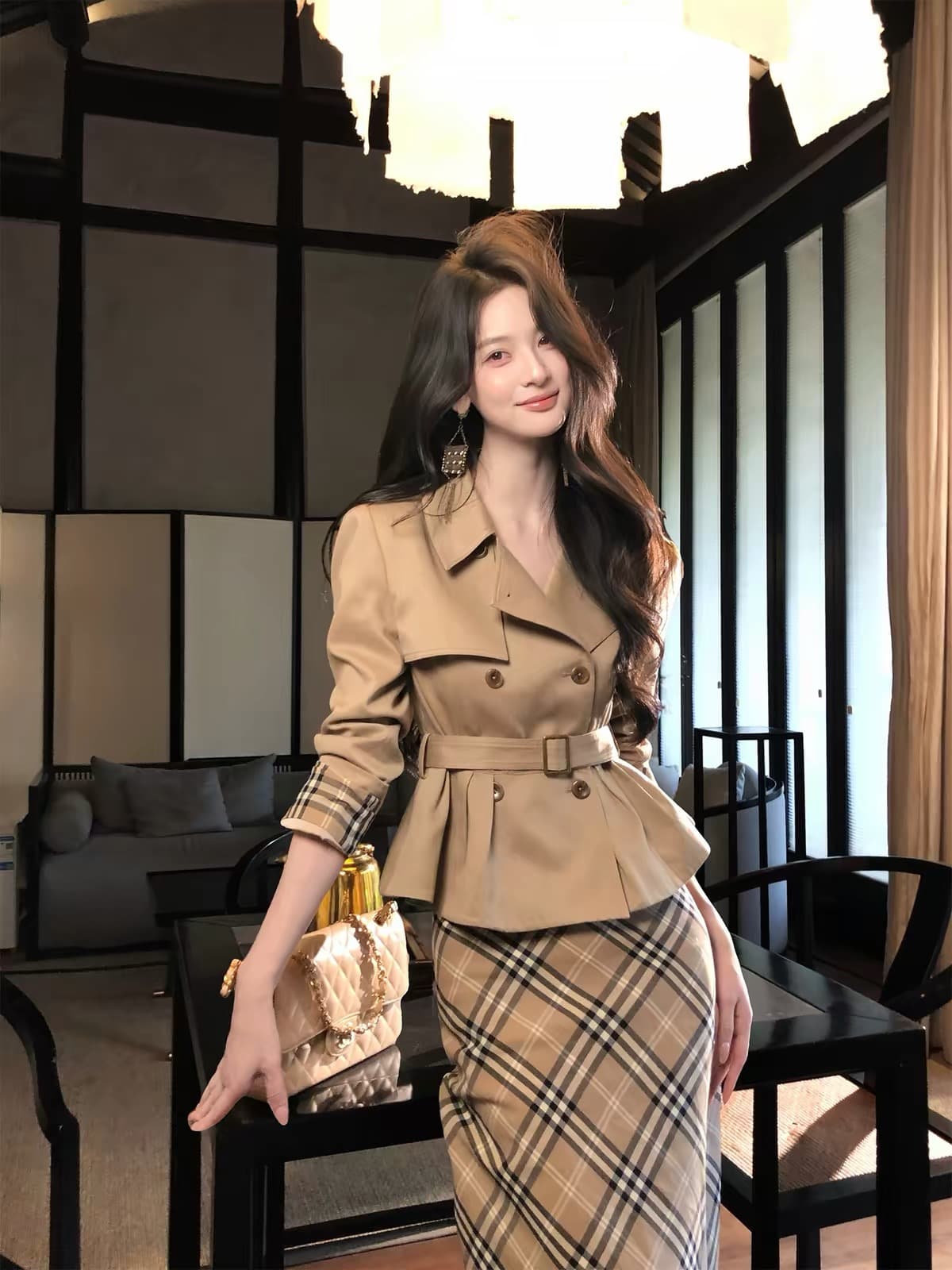 하나부터 순간 반도 라이 경기 서울 면 쇼트 스타일 재킷 재킷 레트로 체크무늬 타이트 스커트 반 스커트 출퇴근 착용 가져 가라. 이미지 3