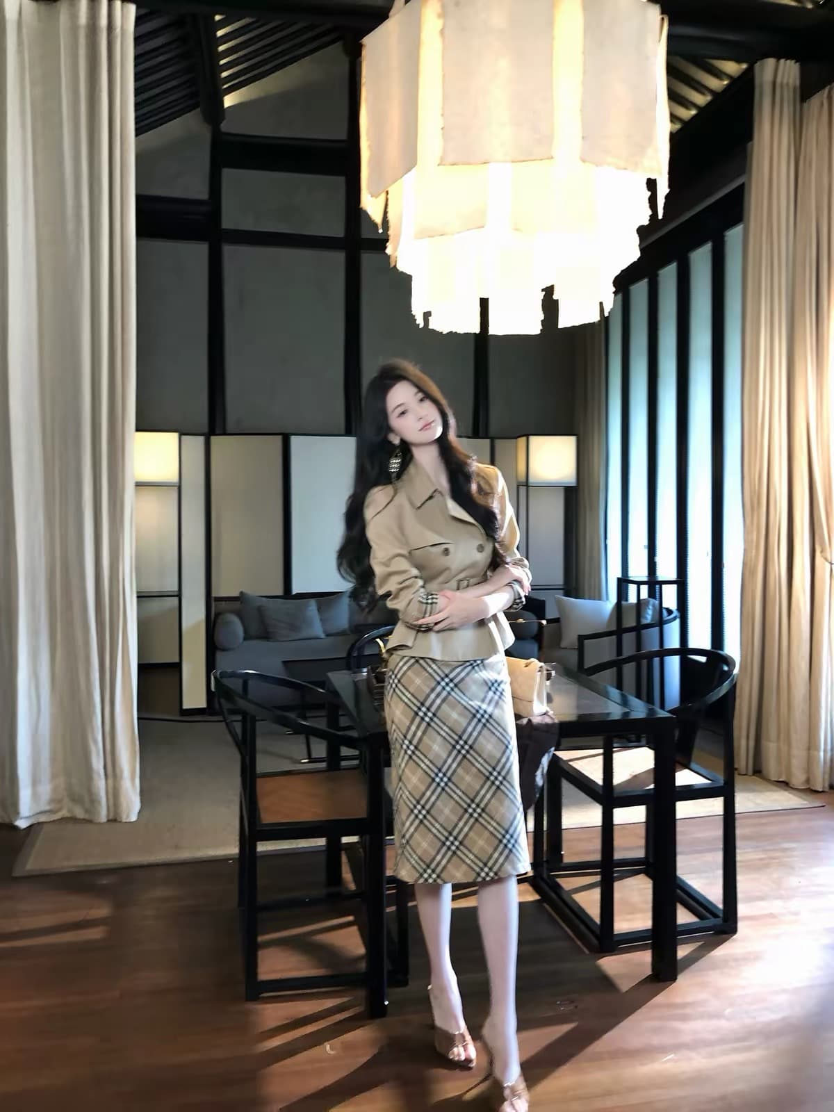 하나부터 순간 반도 라이 경기 서울 면 쇼트 스타일 재킷 재킷 레트로 체크무늬 타이트 스커트 반 스커트 출퇴근 착용 가져 가라. 이미지 2