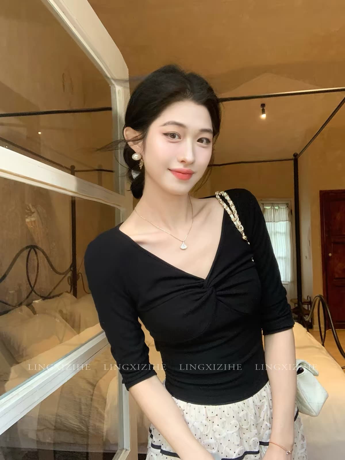 링 茜 거만한 와우 백조 목 모방 실크 니트 스웨터 여성 이른 가을 프랑스식 V넥 긴팔 티셔츠 도트 무늬 세트 드레스 이미지 2