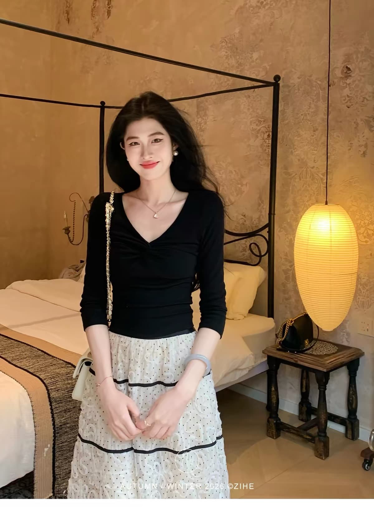 링 茜 거만한 와우 백조 목 모방 실크 니트 스웨터 여성 이른 가을 프랑스식 V넥 긴팔 티셔츠 도트 무늬 세트 드레스 상세 이미지 5