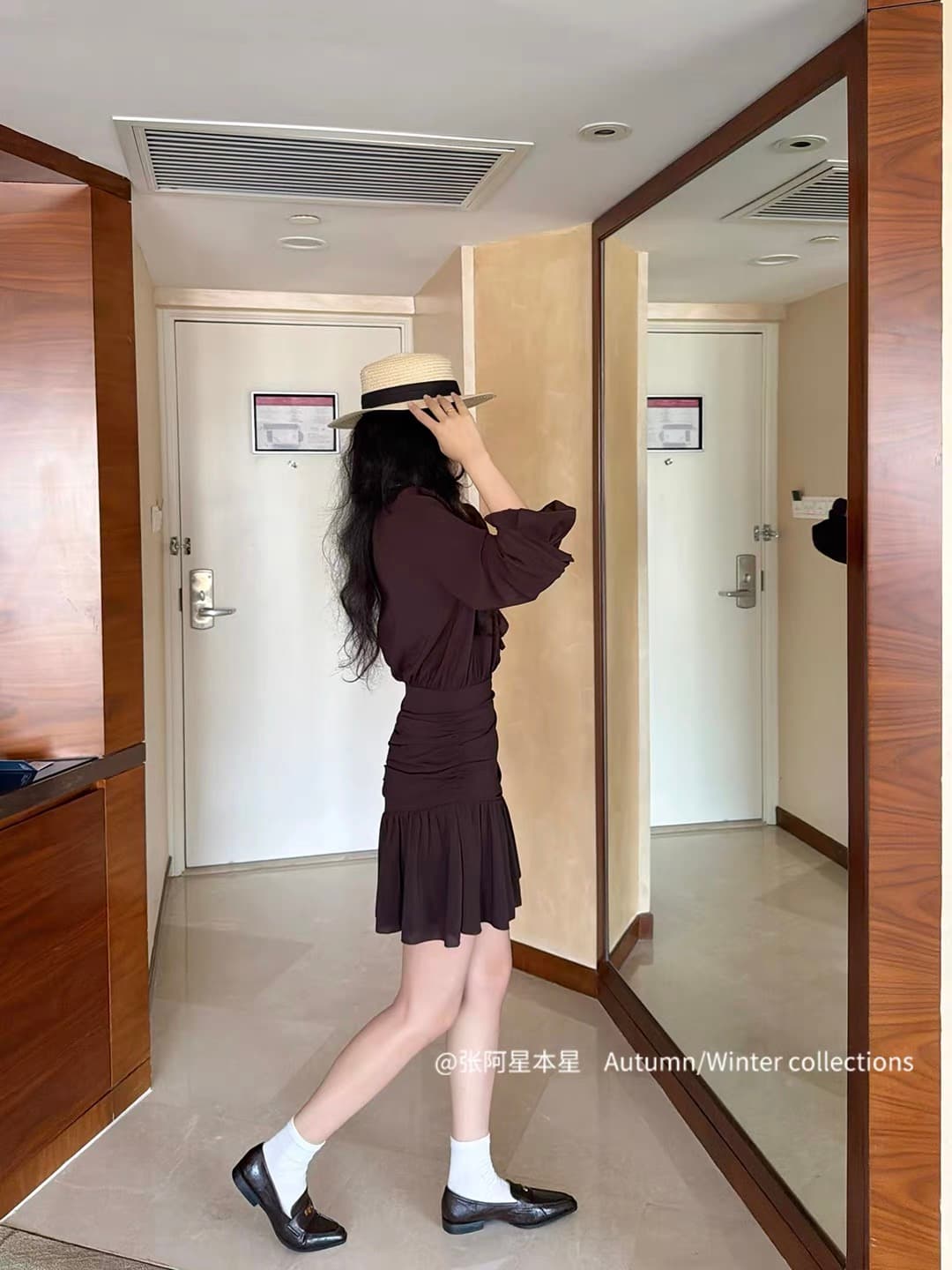 장 A 스타 여신 치마 우아함 품격 프릴 V넥 허리 수축 한 마디 치마 표지 고기 드레스 이미지 4