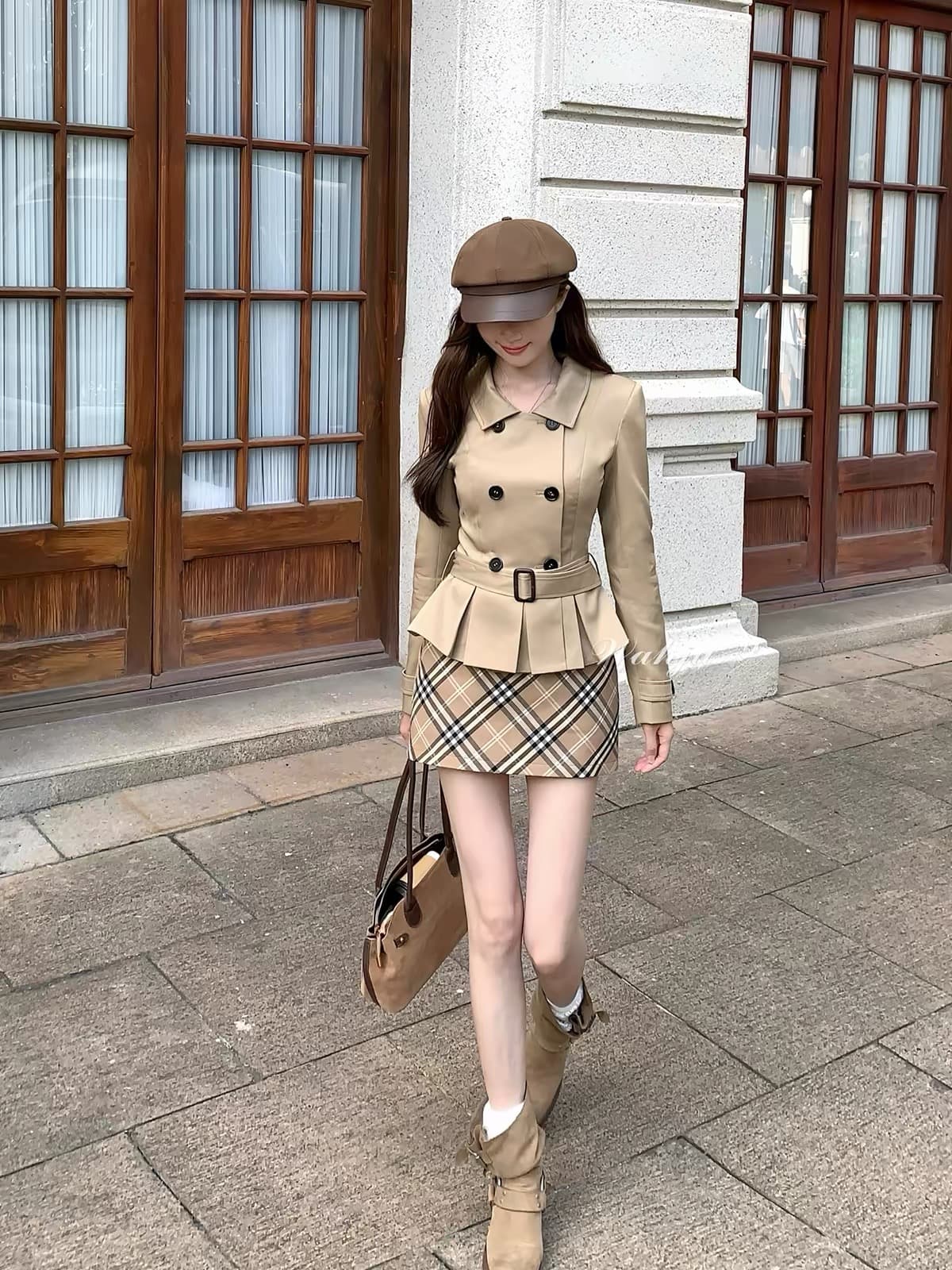 영국식 브라운 남자 이른 가을 레트로 천 골드 품격 폴로 칼라 이중 버튼 재킷 재킷 짧은 스커트 상세 이미지 2