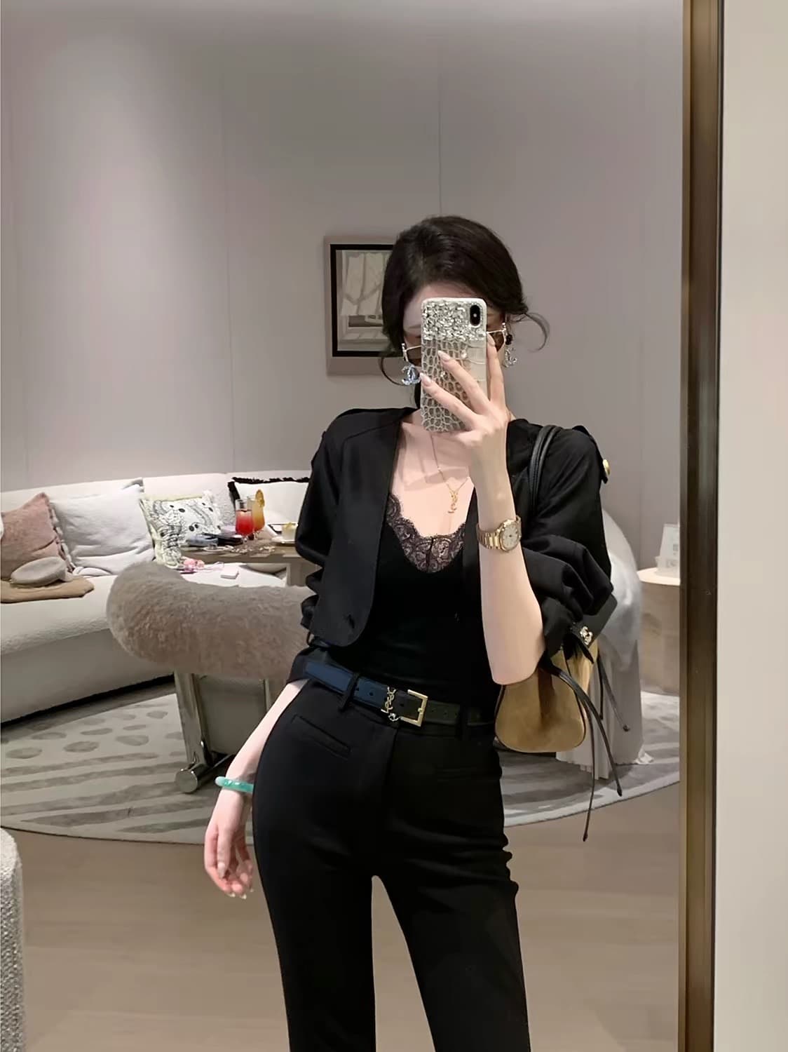 가을 의상 새로운 긴팔 품격 다양한 착용 법 검정색 재킷 재킷 투피스 세트 이미지 4