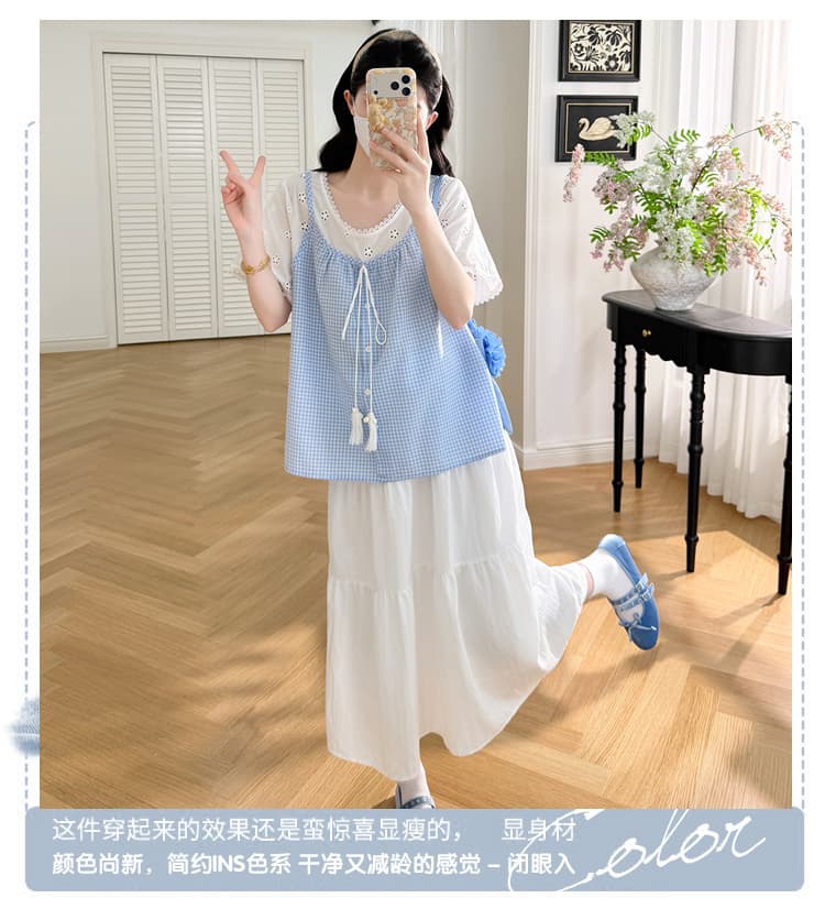 실사 xian 물품 여름 새로운 달콤함 파란색 체크무늬 슬립 페이크 레이어드 맨위 슬림해 보이는 반신 치마 세트 상세 이미지 3