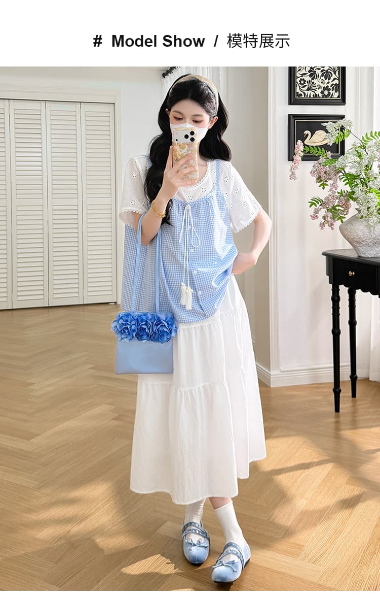 실사 xian 물품 여름 새로운 달콤함 파란색 체크무늬 슬립 페이크 레이어드 맨위 슬림해 보이는 반신 치마 세트 상세 이미지 11