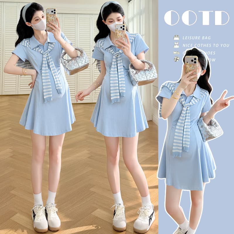 실사 xian 물품 여름 새로운 한 부서 품격 연령 감소 POLO 칼라 수리 허리 드레스 스트라이프 숄 세트 이미지 2