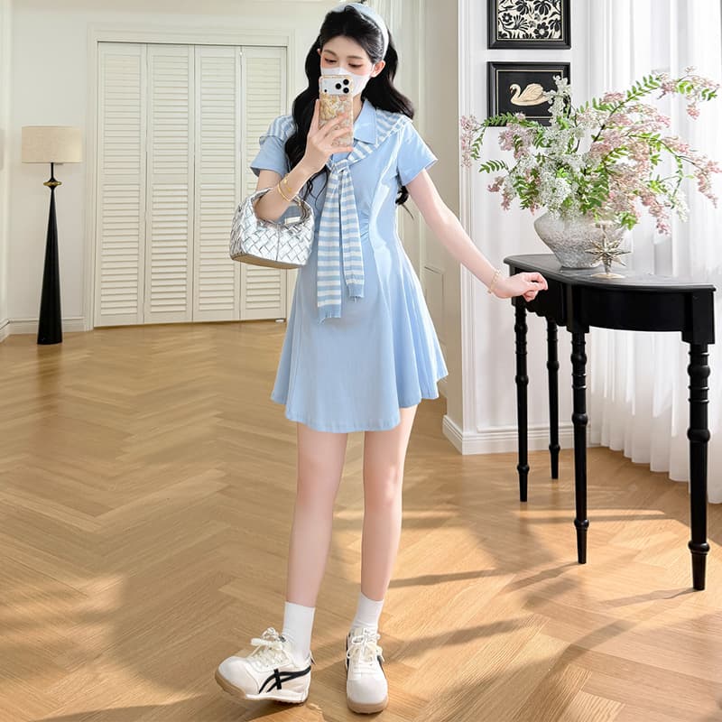 실사 xian 물품 여름 새로운 한 부서 품격 연령 감소 POLO 칼라 수리 허리 드레스 스트라이프 숄 세트 이미지 5