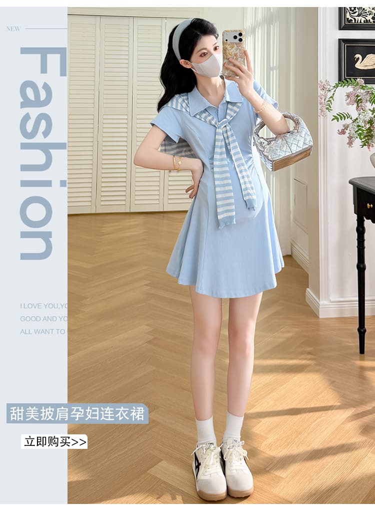 실사 xian 물품 여름 새로운 한 부서 품격 연령 감소 POLO 칼라 수리 허리 드레스 스트라이프 숄 세트 상세 이미지 1