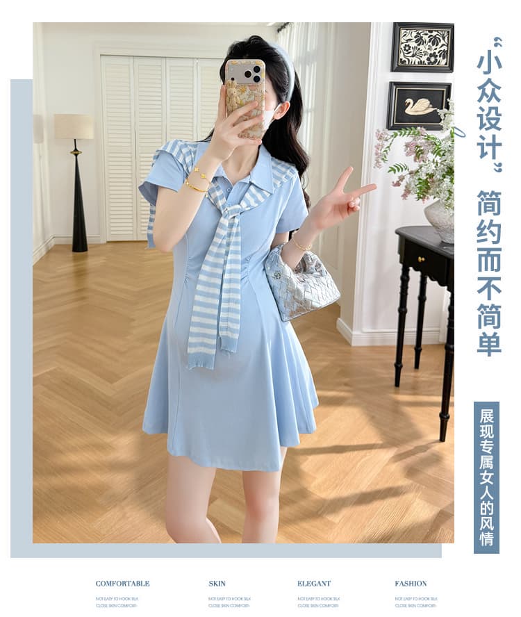 실사 xian 물품 여름 새로운 한 부서 품격 연령 감소 POLO 칼라 수리 허리 드레스 스트라이프 숄 세트 상세 이미지 3