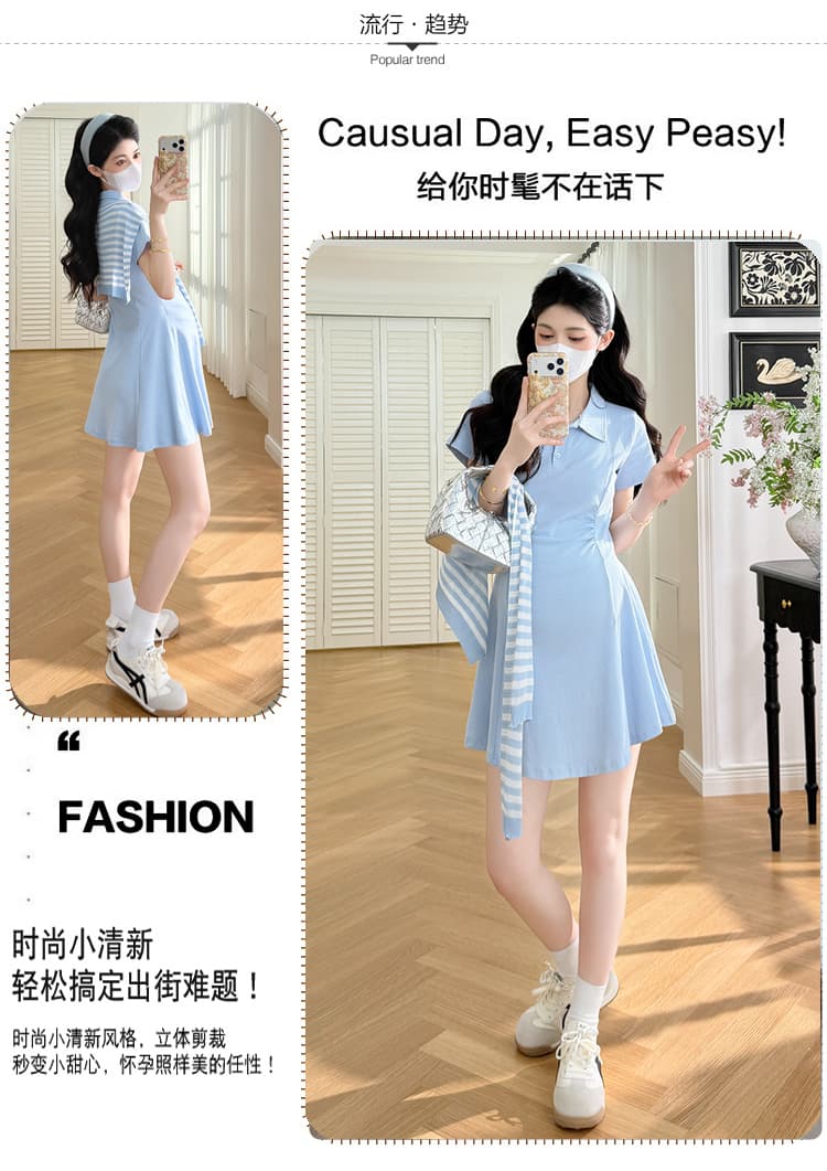 실사 xian 물품 여름 새로운 한 부서 품격 연령 감소 POLO 칼라 수리 허리 드레스 스트라이프 숄 세트 상세 이미지 5