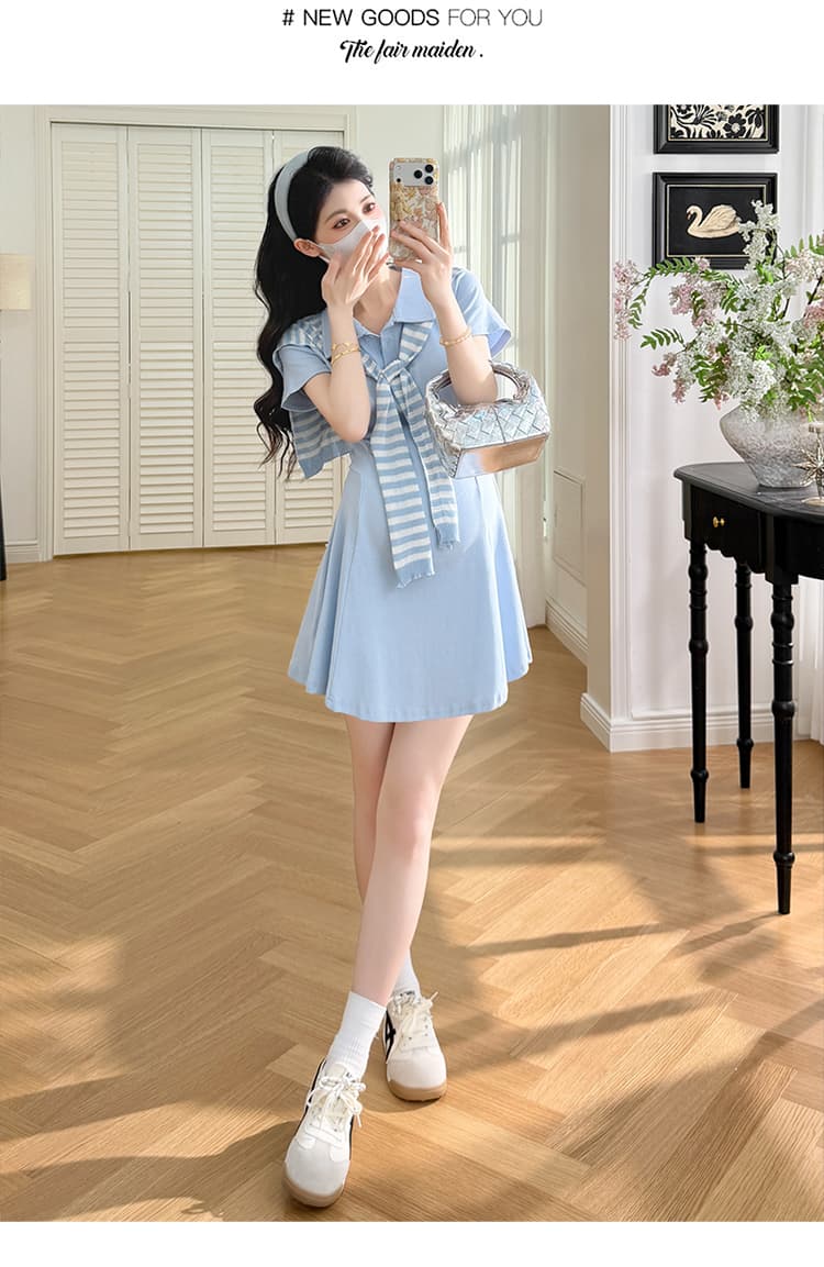 실사 xian 물품 여름 새로운 한 부서 품격 연령 감소 POLO 칼라 수리 허리 드레스 스트라이프 숄 세트 상세 이미지 11