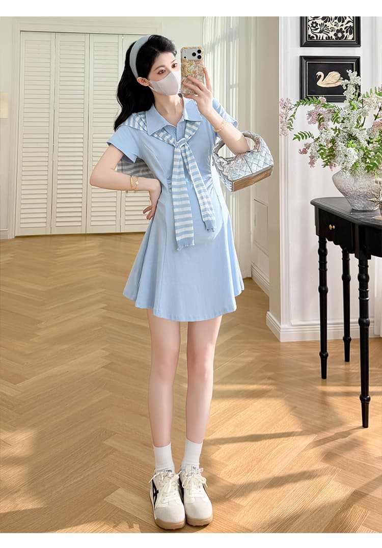 실사 xian 물품 여름 새로운 한 부서 품격 연령 감소 POLO 칼라 수리 허리 드레스 스트라이프 숄 세트 상세 이미지 14