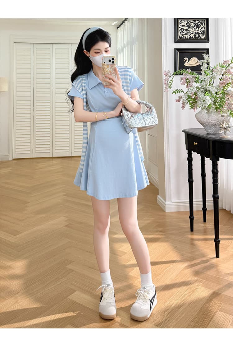 실사 xian 물품 여름 새로운 한 부서 품격 연령 감소 POLO 칼라 수리 허리 드레스 스트라이프 숄 세트 상세 이미지 15