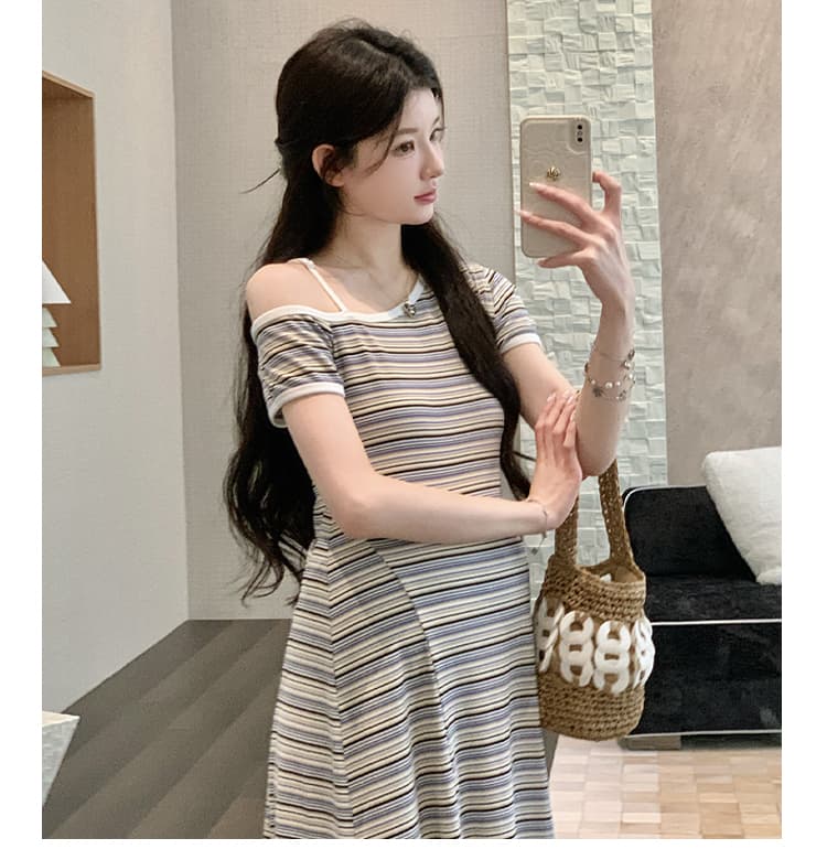 실사 선물 물품 여름 새로운 한 부서 패션 색상 스트라이프 비스듬한 어깨 수리 허리 드레스 상세 이미지 3