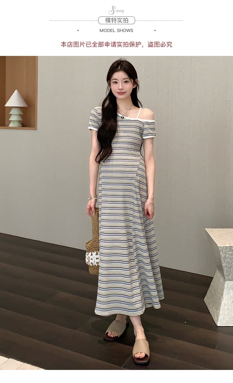 실사 선물 물품 여름 새로운 한 부서 패션 색상 스트라이프 비스듬한 어깨 수리 허리 드레스 상세 이미지 10