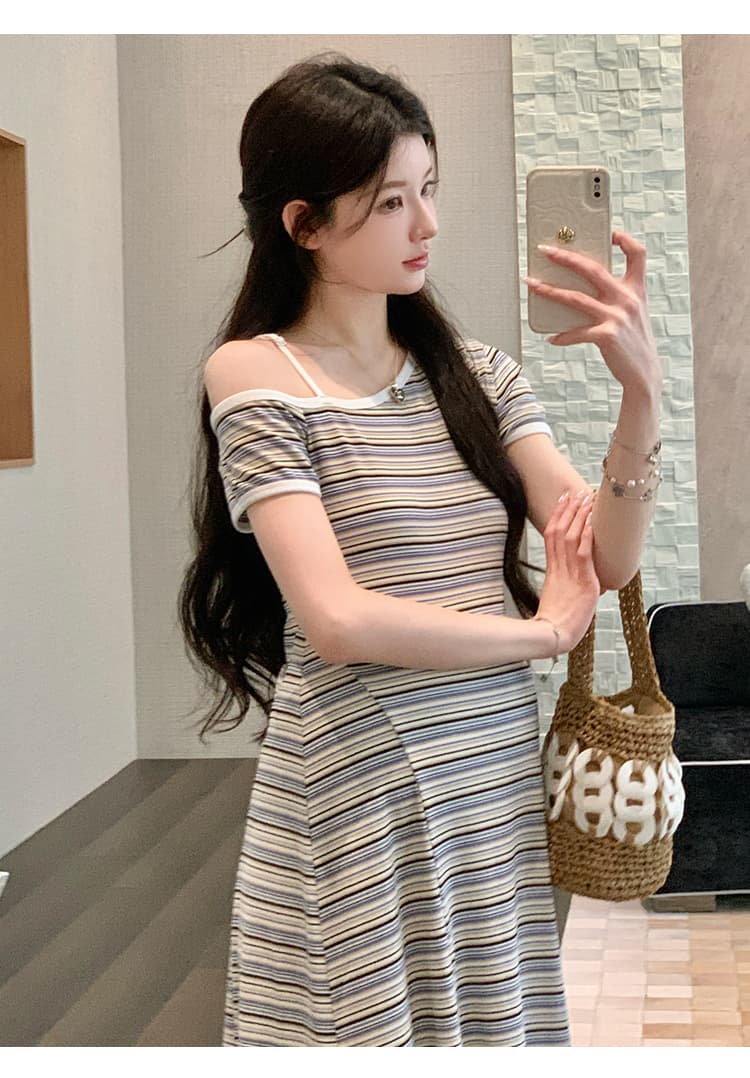 실사 선물 물품 여름 새로운 한 부서 패션 색상 스트라이프 비스듬한 어깨 수리 허리 드레스 상세 이미지 15