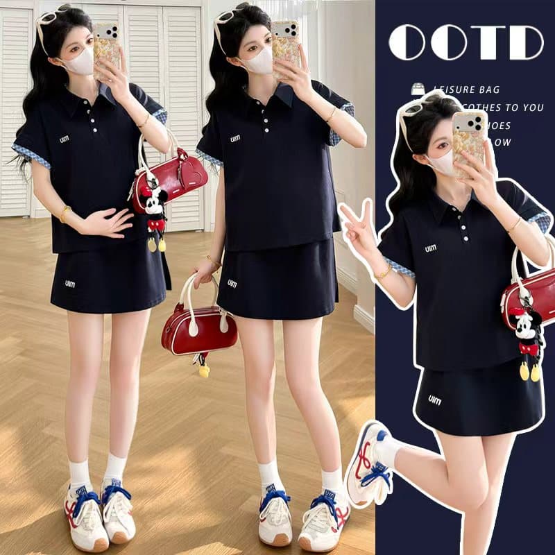 실사 선물 물품 여름 새로운 패션 배색 POLO 칼라 복부 지지 반신 스커트 투피스 세트 이미지 2