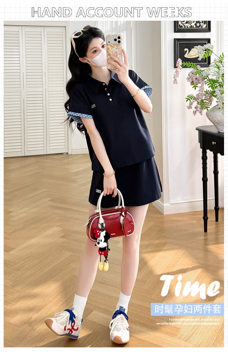실사 선물 물품 여름 새로운 패션 배색 POLO 칼라 복부 지지 반신 스커트 투피스 세트 상세 이미지 1
