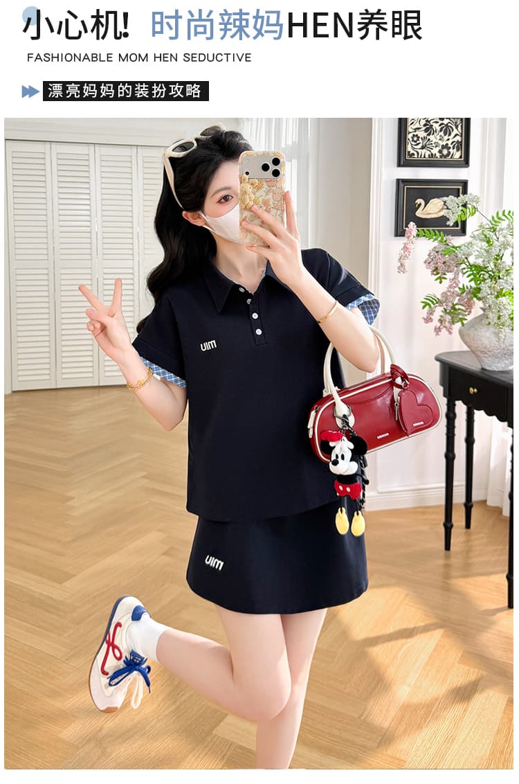 실사 선물 물품 여름 새로운 패션 배색 POLO 칼라 복부 지지 반신 스커트 투피스 세트 상세 이미지 3