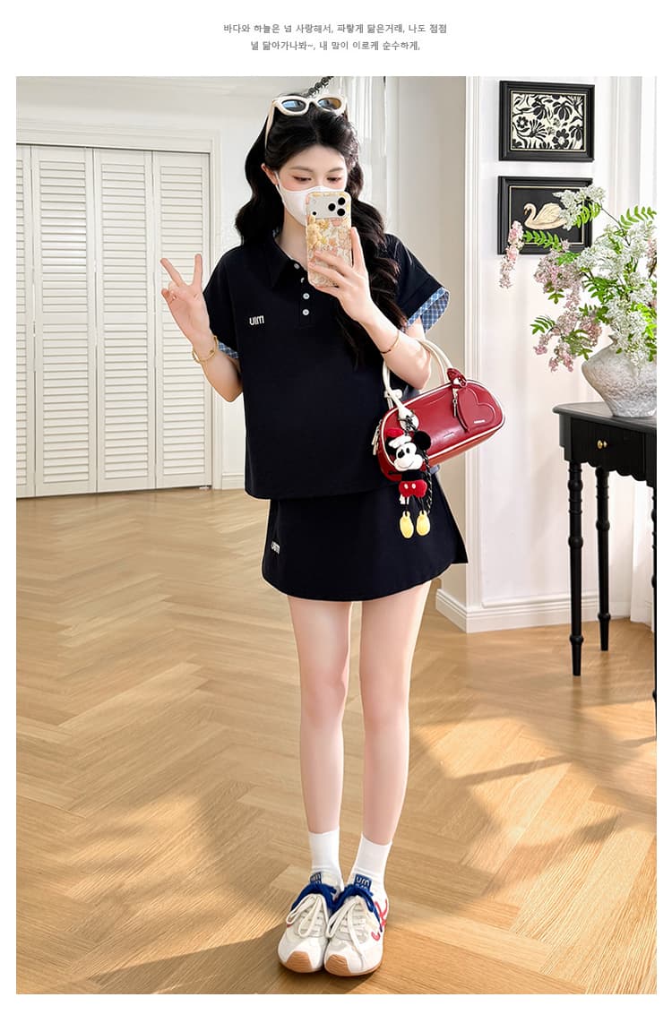 실사 선물 물품 여름 새로운 패션 배색 POLO 칼라 복부 지지 반신 스커트 투피스 세트 상세 이미지 12