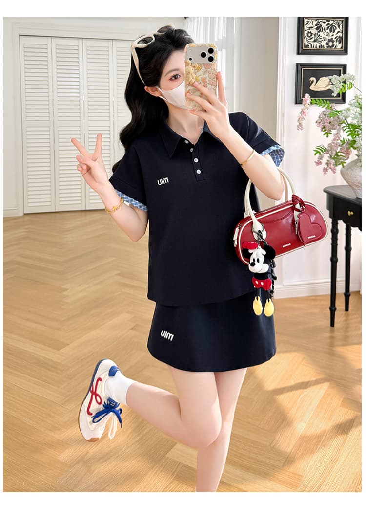 실사 선물 물품 여름 새로운 패션 배색 POLO 칼라 복부 지지 반신 스커트 투피스 세트 상세 이미지 16