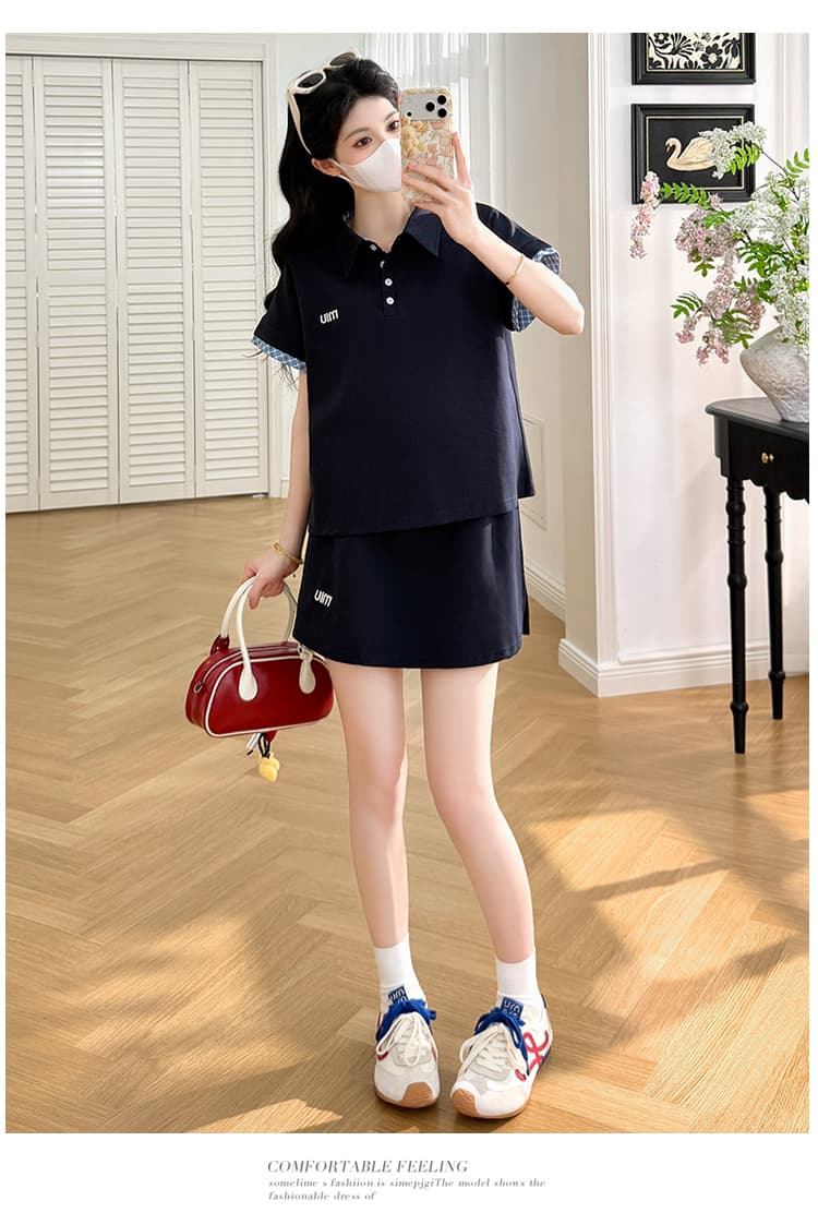 실사 선물 물품 여름 새로운 패션 배색 POLO 칼라 복부 지지 반신 스커트 투피스 세트 상세 이미지 17