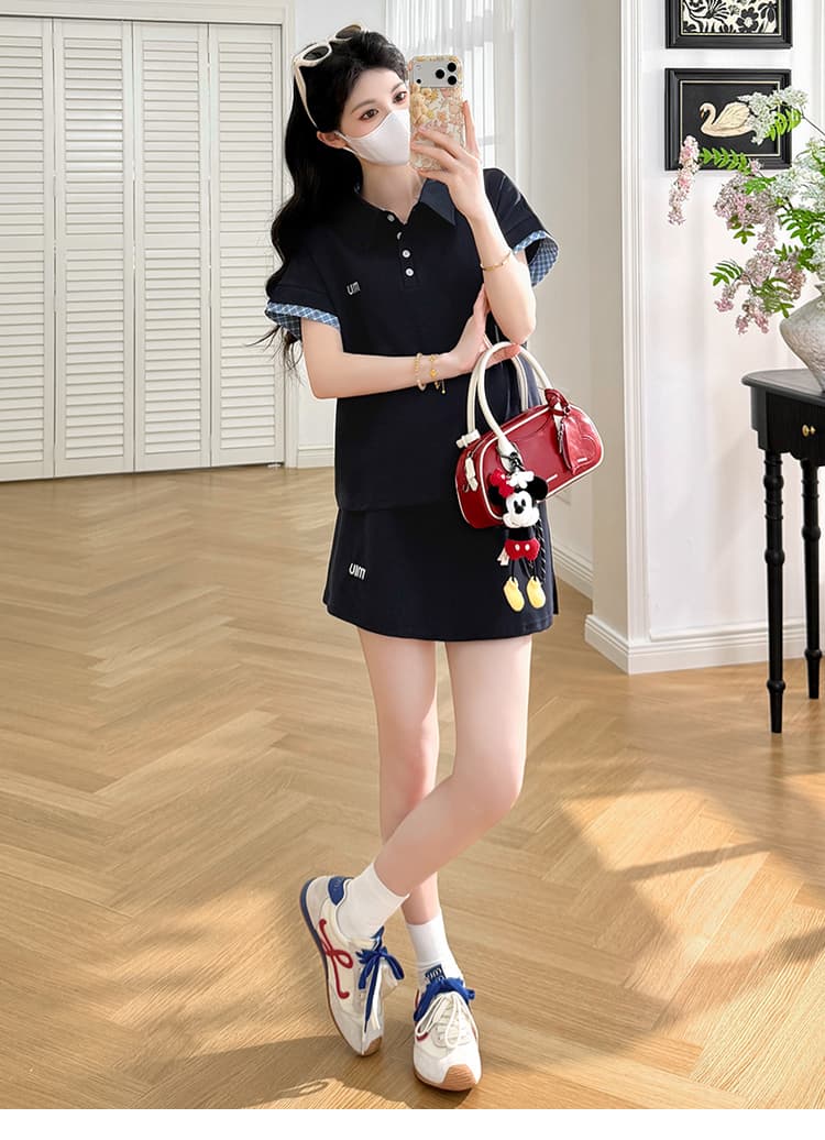 실사 선물 물품 여름 새로운 패션 배색 POLO 칼라 복부 지지 반신 스커트 투피스 세트 상세 이미지 18