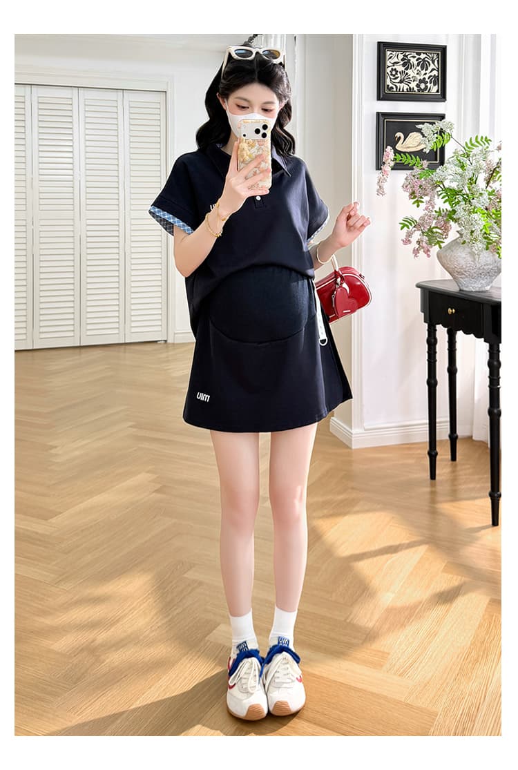 실사 선물 물품 여름 새로운 패션 배색 POLO 칼라 복부 지지 반신 스커트 투피스 세트 상세 이미지 19