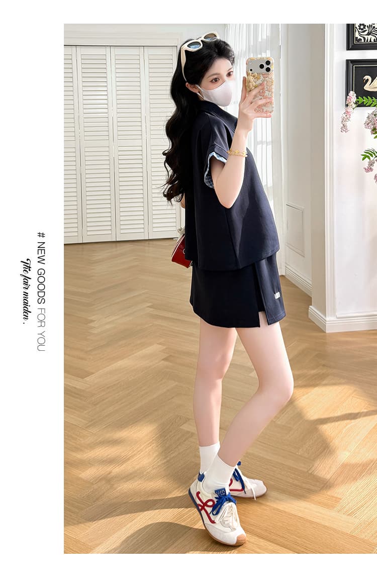 실사 선물 물품 여름 새로운 패션 배색 POLO 칼라 복부 지지 반신 스커트 투피스 세트 상세 이미지 20