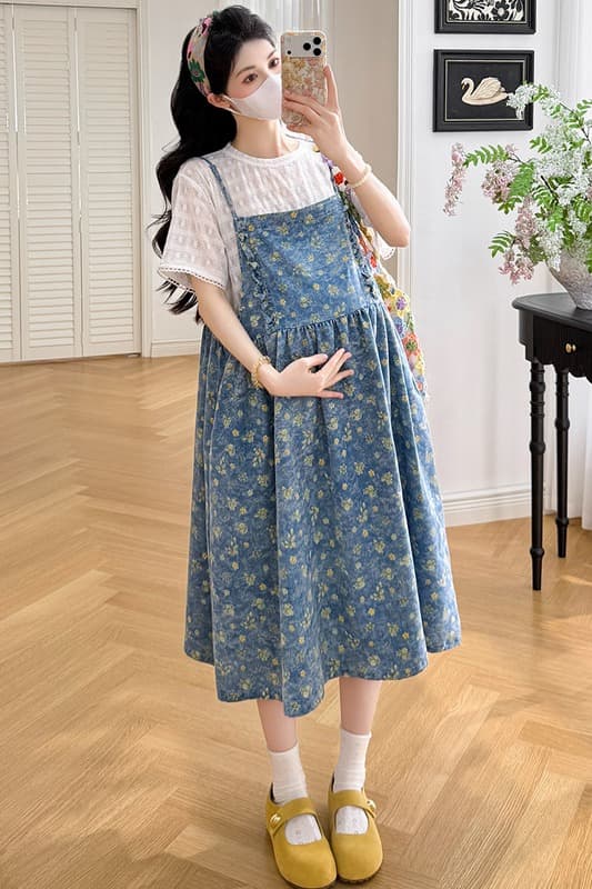 실사 선물 물품 여름 새로운 작은 청신 꽃무늬 데님 슬립 드레스 화이트 레이스 티셔츠 세트 이미지 7