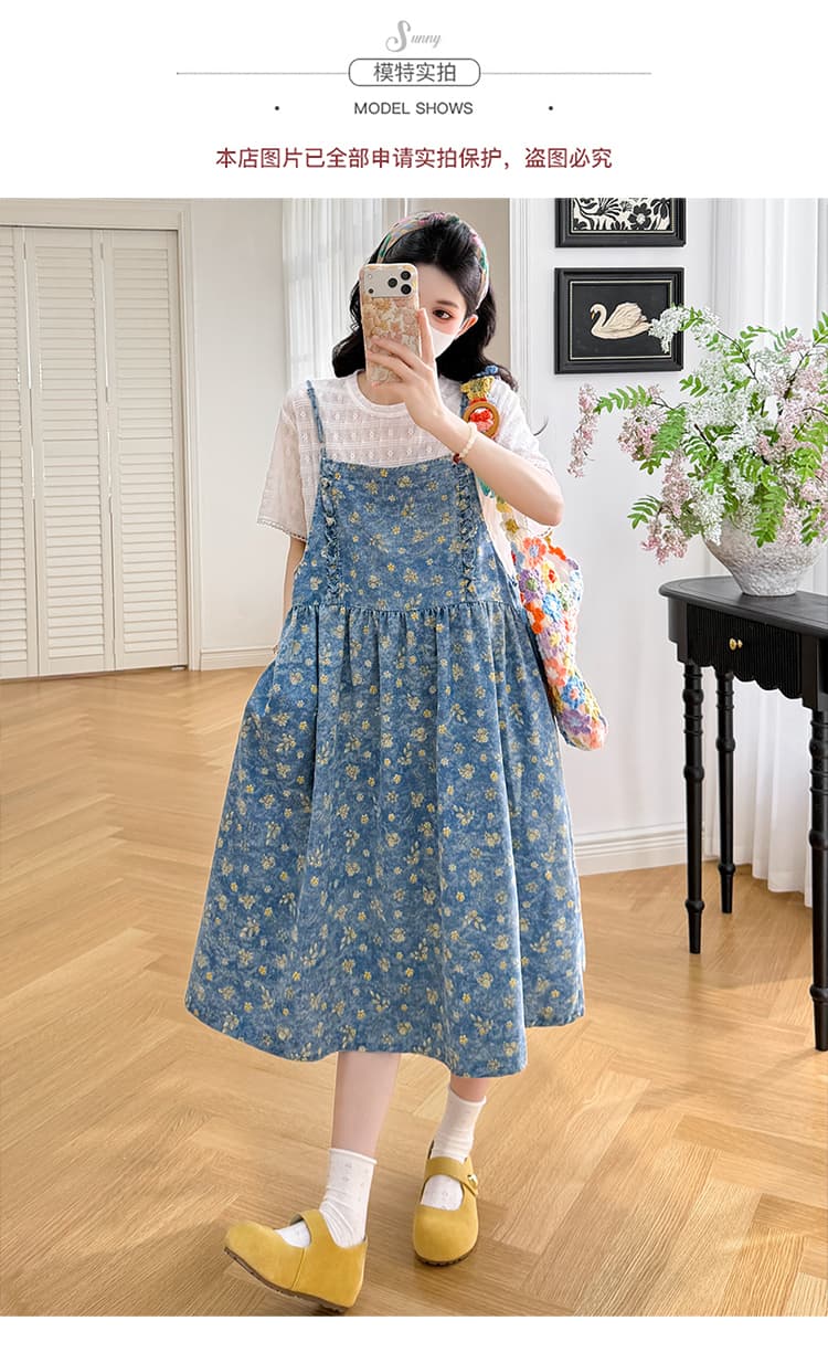 실사 선물 물품 여름 새로운 작은 청신 꽃무늬 데님 슬립 드레스 화이트 레이스 티셔츠 세트 상세 이미지 10
