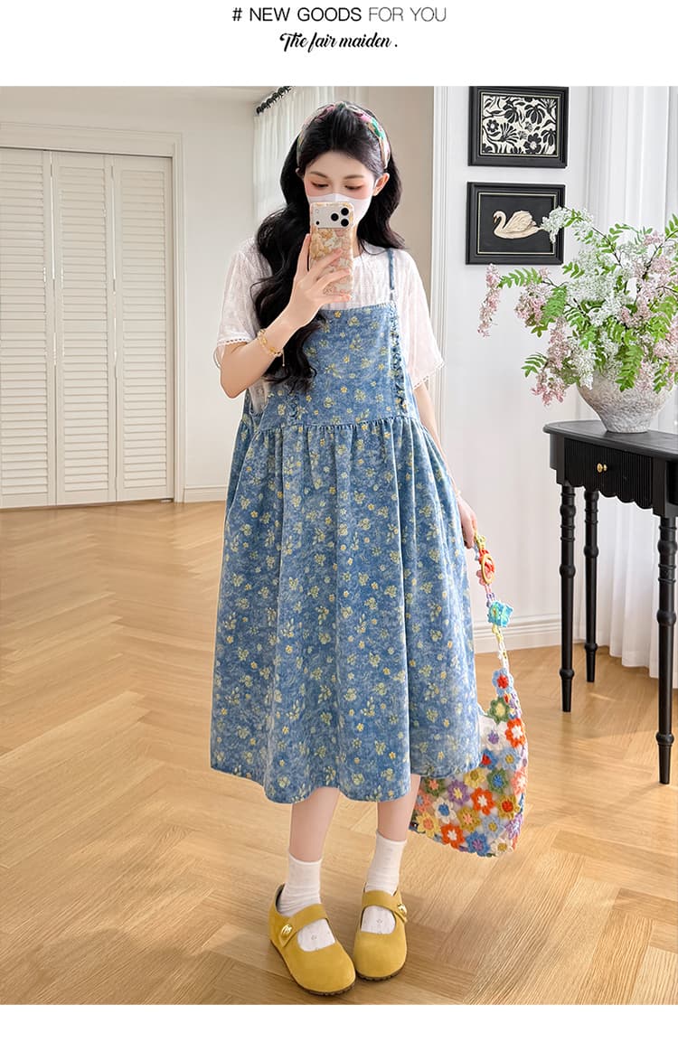실사 선물 물품 여름 새로운 작은 청신 꽃무늬 데님 슬립 드레스 화이트 레이스 티셔츠 세트 상세 이미지 12