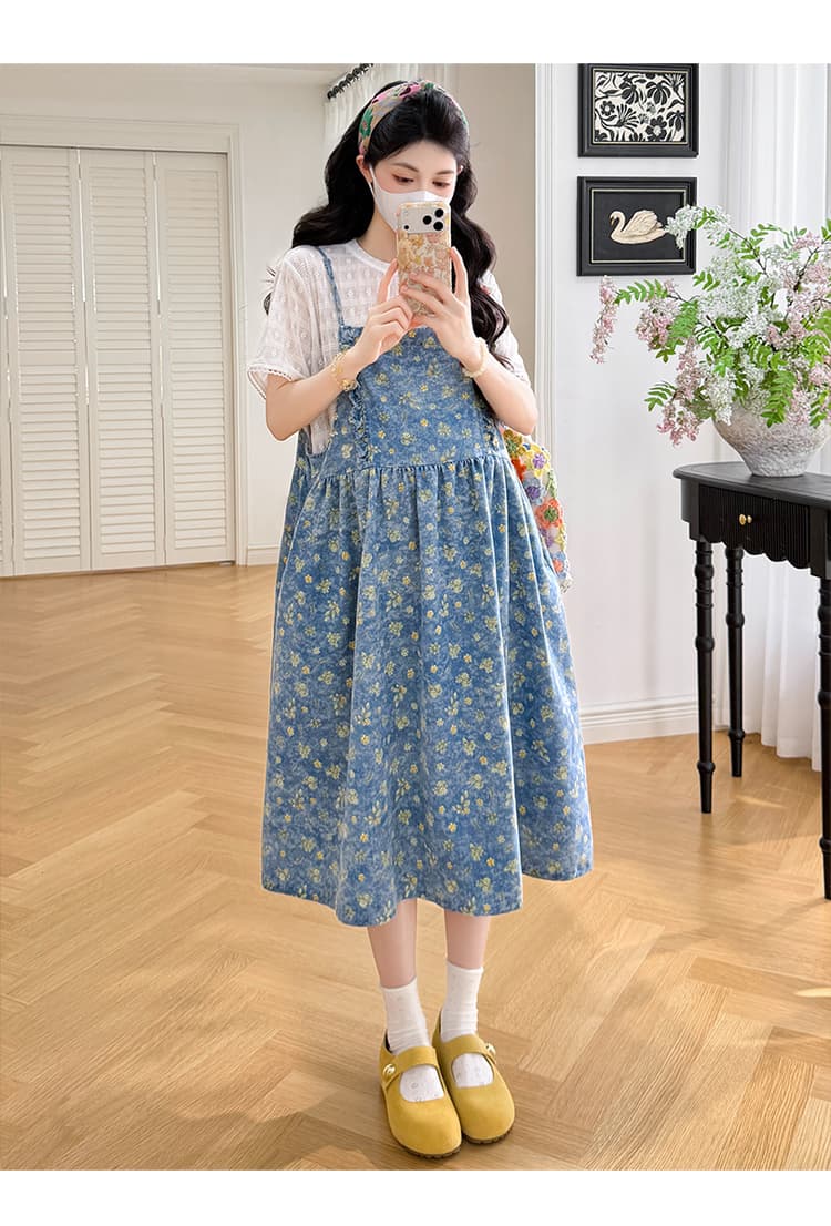 실사 선물 물품 여름 새로운 작은 청신 꽃무늬 데님 슬립 드레스 화이트 레이스 티셔츠 세트 상세 이미지 16