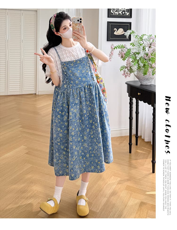 실사 선물 물품 여름 새로운 작은 청신 꽃무늬 데님 슬립 드레스 화이트 레이스 티셔츠 세트 상세 이미지 17