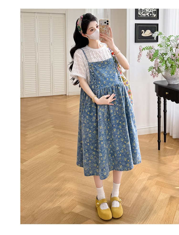 실사 선물 물품 여름 새로운 작은 청신 꽃무늬 데님 슬립 드레스 화이트 레이스 티셔츠 세트 상세 이미지 18