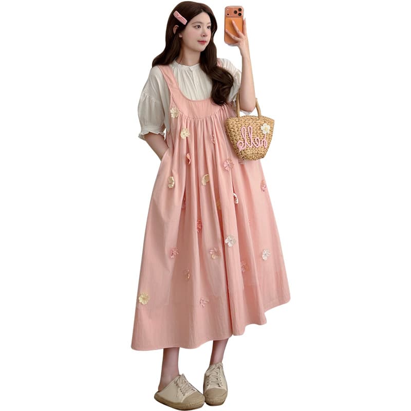실사 선물 물품 여름 새로운 프랑스식 달콤함 3 차원 꽃 멜빵 스커트 연령 감소 셔츠 투피스 세트 이미지 6