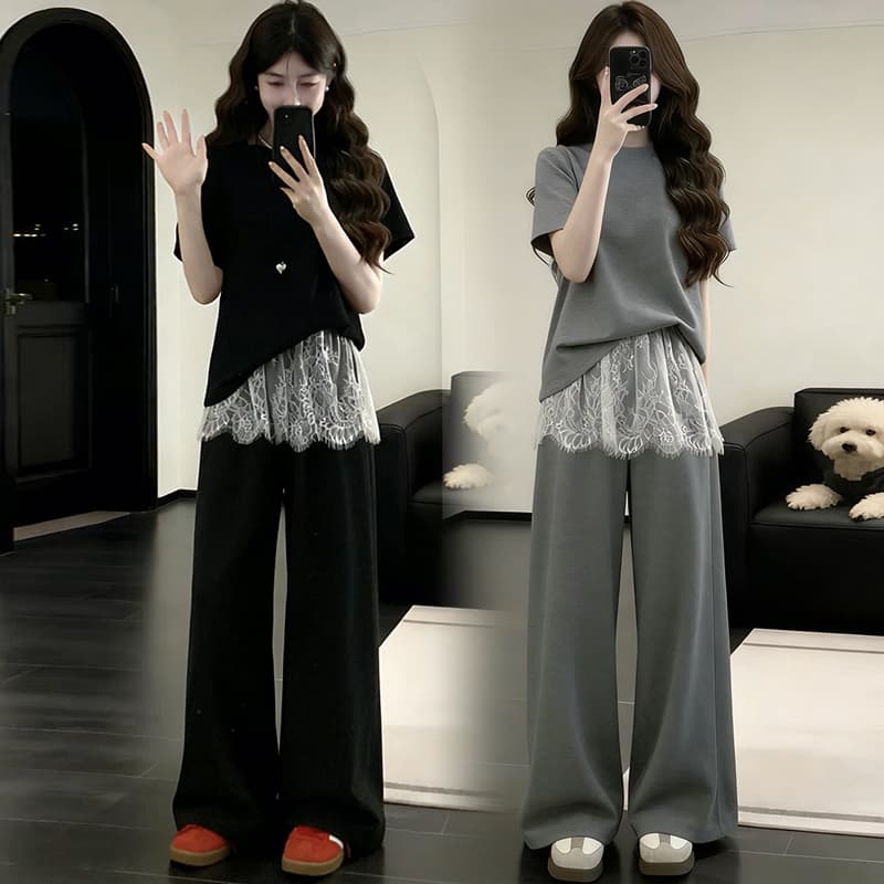 지금 지금 여름 새로운 느긋한 바람 품격 긍정적 인 어깨 반팔 패치워크 레이스 랩스커트팬츠 와이드 레그 팬츠 투피스 세트 이미지 4