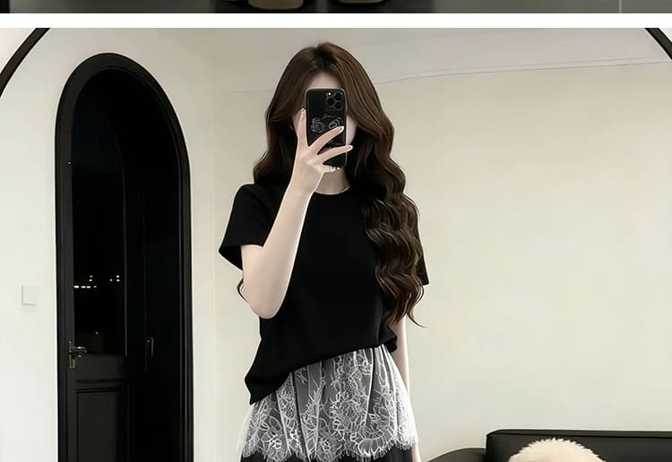 지금 지금 여름 새로운 느긋한 바람 품격 긍정적 인 어깨 반팔 패치워크 레이스 랩스커트팬츠 와이드 레그 팬츠 투피스 세트 상세 이미지 26