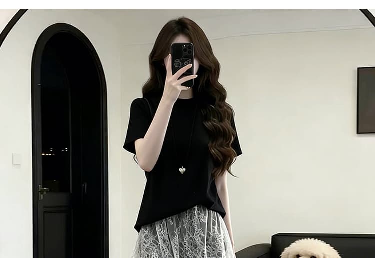 실사 중 지금 지금 여름 새로운 느긋한 바람 품격 긍정적 인 어깨 반팔 패치워크 레이스 와이드 레그 팬츠 투피스 세트 상세 이미지 35