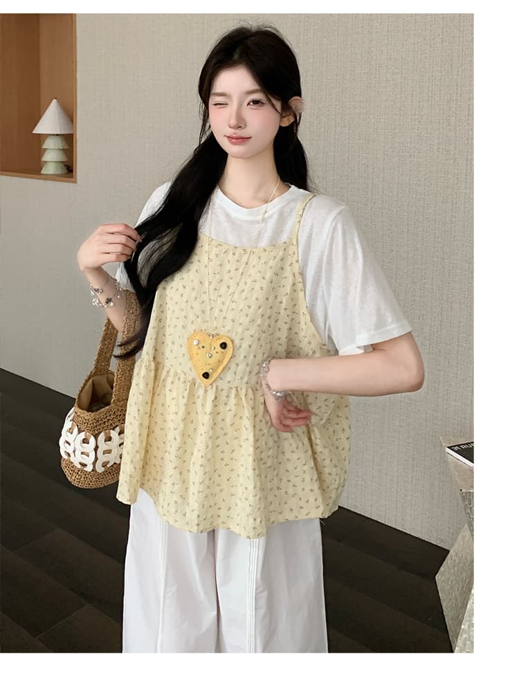 실사 선물 물품 여름 새로운 한 부서 밝은 노란색 꽃무늬 슬립 화이트 만나는 티셔츠 레이스 와이드 레그 팬츠 세트 상세 이미지 11