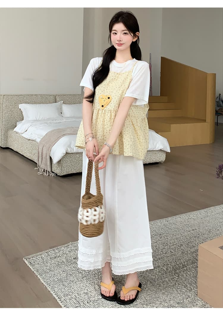 실사 선물 물품 여름 새로운 한 부서 밝은 노란색 꽃무늬 슬립 화이트 만나는 티셔츠 레이스 와이드 레그 팬츠 세트 상세 이미지 13
