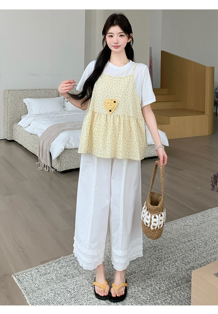 실사 선물 물품 여름 새로운 한 부서 밝은 노란색 꽃무늬 슬립 화이트 만나는 티셔츠 레이스 와이드 레그 팬츠 세트 상세 이미지 15