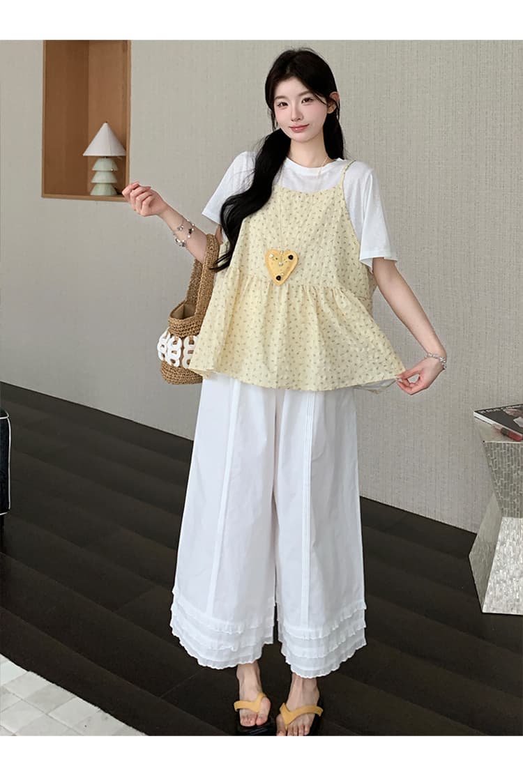 실사 선물 물품 여름 새로운 한 부서 밝은 노란색 꽃무늬 슬립 화이트 만나는 티셔츠 레이스 와이드 레그 팬츠 세트 상세 이미지 16