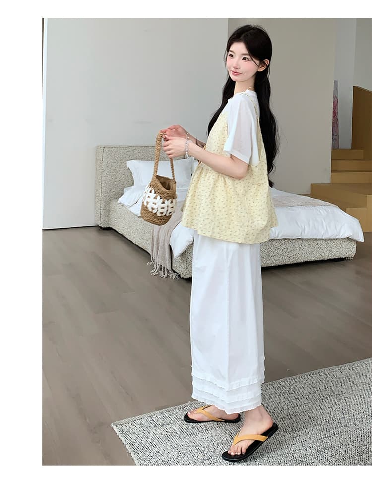 실사 선물 물품 여름 새로운 한 부서 밝은 노란색 꽃무늬 슬립 화이트 만나는 티셔츠 레이스 와이드 레그 팬츠 세트 상세 이미지 18