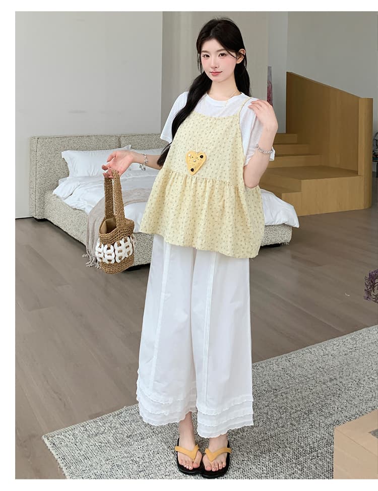 실사 선물 물품 여름 새로운 한 부서 밝은 노란색 꽃무늬 슬립 화이트 만나는 티셔츠 레이스 와이드 레그 팬츠 세트 상세 이미지 22