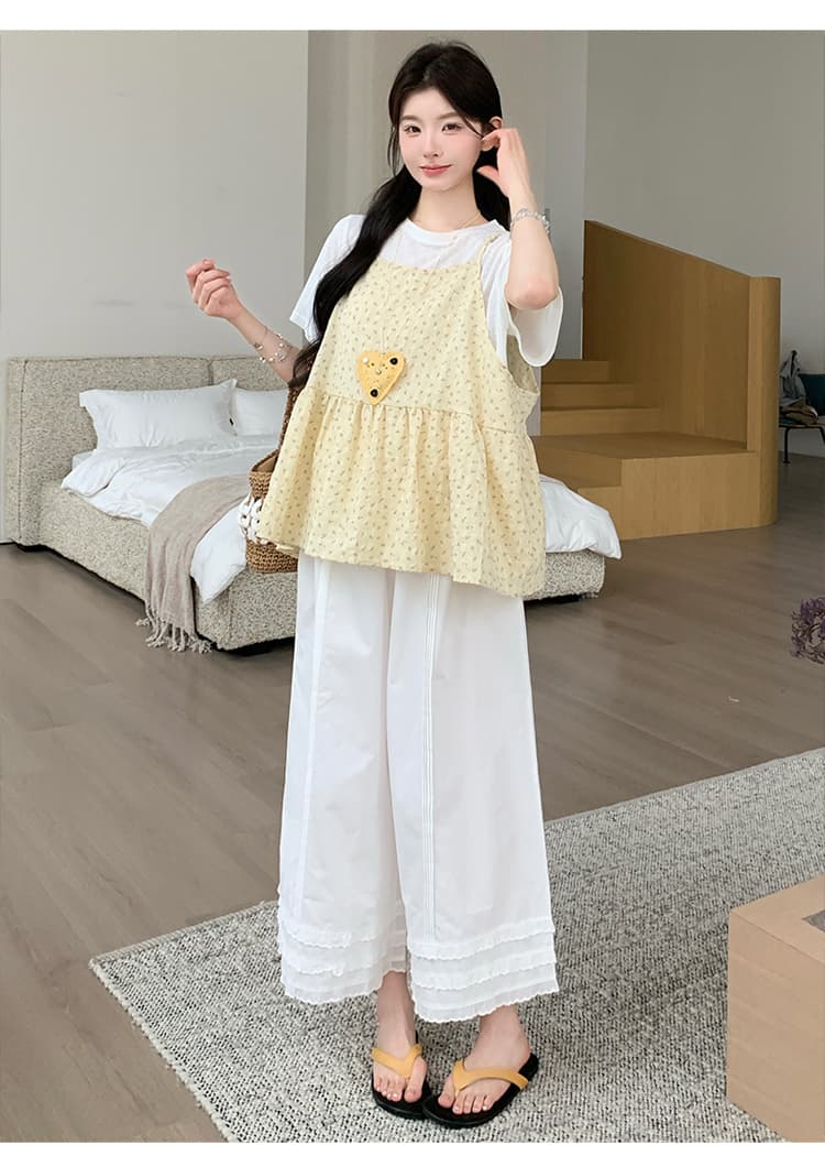 실사 선물 물품 여름 새로운 한 부서 밝은 노란색 꽃무늬 슬립 화이트 만나는 티셔츠 레이스 와이드 레그 팬츠 세트 상세 이미지 24
