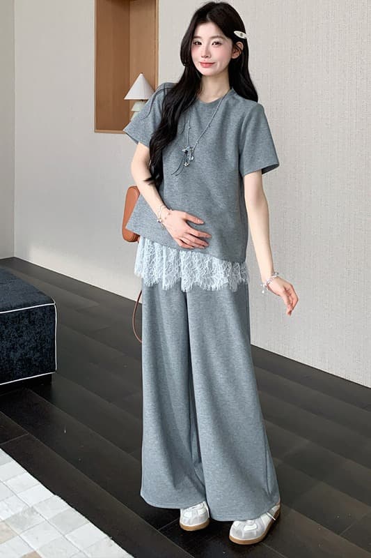 실사 지금 여름 새로운 느긋한 바람 품격 긍정적 인 어깨 반팔 패치워크 레이스 랩스커트팬츠 와이드 레그 팬츠 투피스 세트 이미지 7