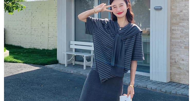 지금 지금 2026 여름 새로운 한 부서 느긋한 바람 스트라이프 티셔츠 숄 반신 스커트 슬림해 보이는 3종 세트 상세 이미지 19