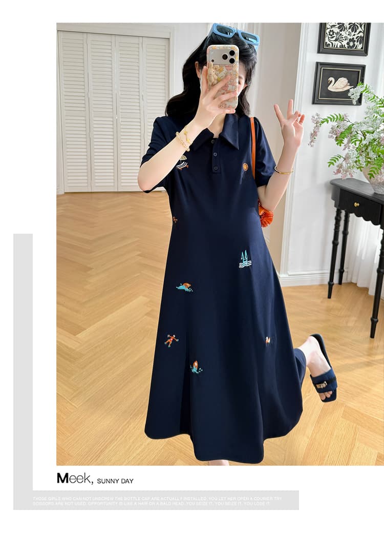 실사 선물 물품 여름 새로운 한국 스타일 무거운 작업 자수 품격 슬림해 보이는 POLO 칼라 긍정적 인 어깨 드레스 상세 이미지 15