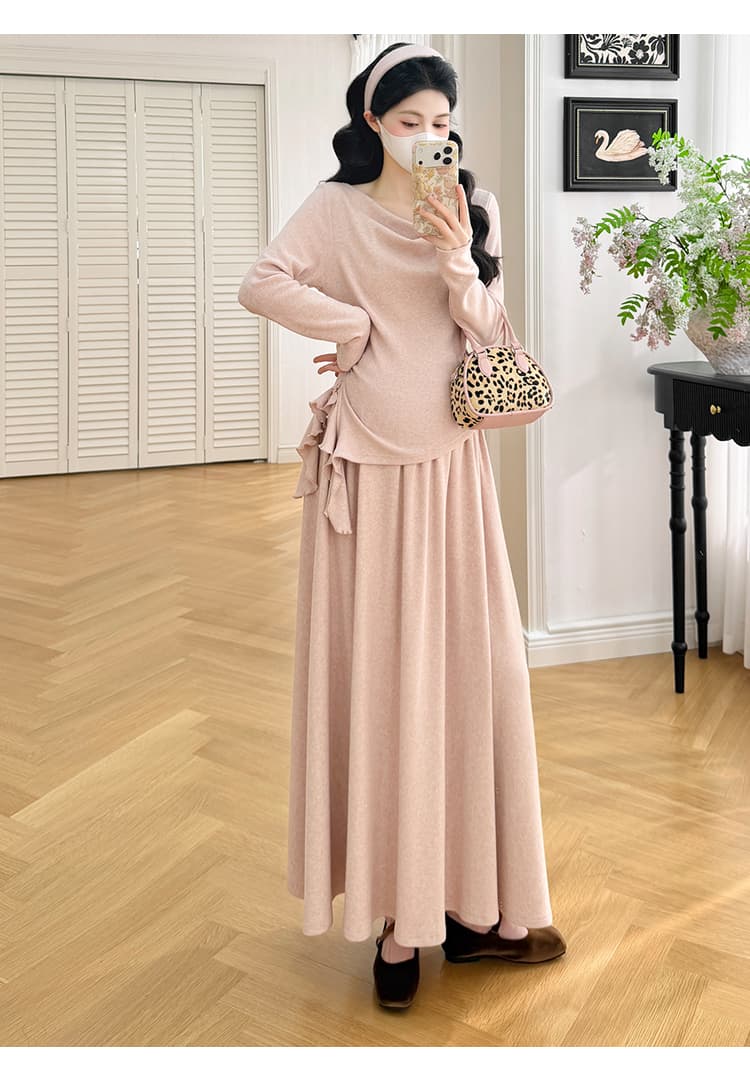 실사 선물 물품 2026 가을 새로운 프랑스식 흔들다 칼라 불규칙 꼬집기 허리 슬림해 보이는 맨위 반신 스커트 투피스 세트 상세 이미지 14